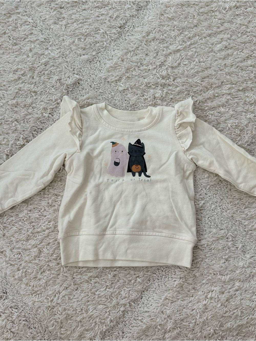 Angel Dear Trick or Treat Ruffle Shoulder French Terry Sweatshirt